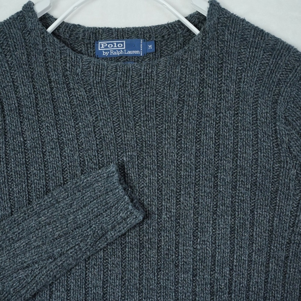Polo Ralph Lauren Mens Medium Charcoal‎ Grey Ribbed Knit 100% Cotton Sweater